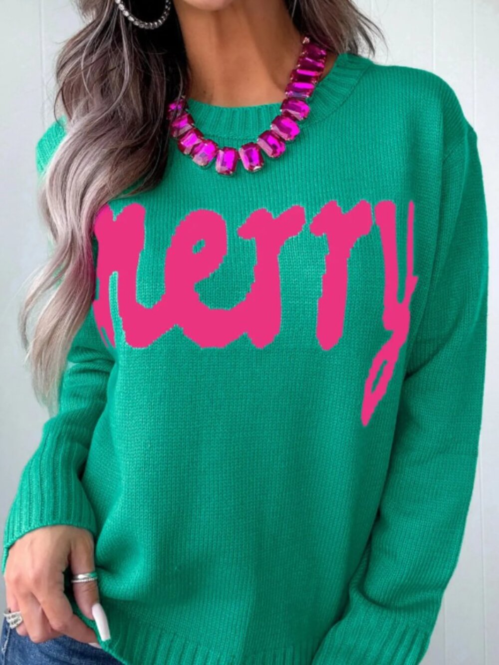 Bright Green Merry Print Ribbed Trim Round Neck Loose Fit Sweater